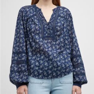 Veronica Beard Kent Navy Blue Floral Print Cotton Embroidered Peasant Blouse NWD